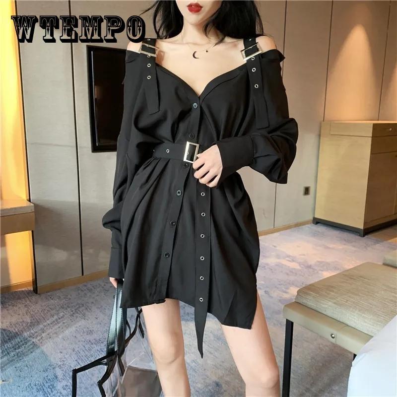 Rochie Gotică Neagră Cămașă Sexy Rochii Mini cu Curea Vară Punk Mânecă Lungă Bretea Umeri Goi Haine Femei Petrecere Vestidos