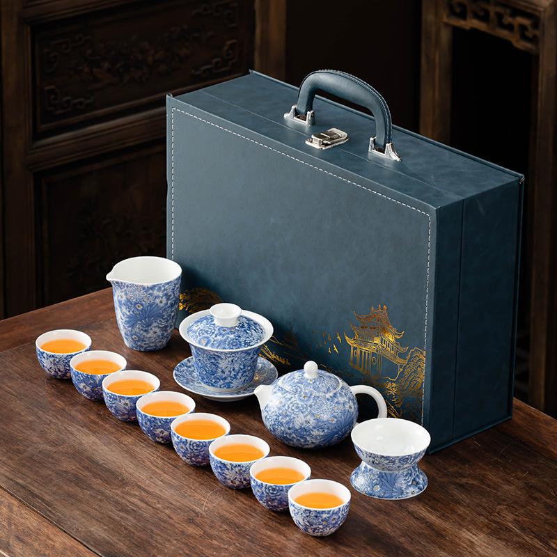 Guochao Flowering White Porcelain Light Luxury Tea Set Home Office Drinking Tea High-end