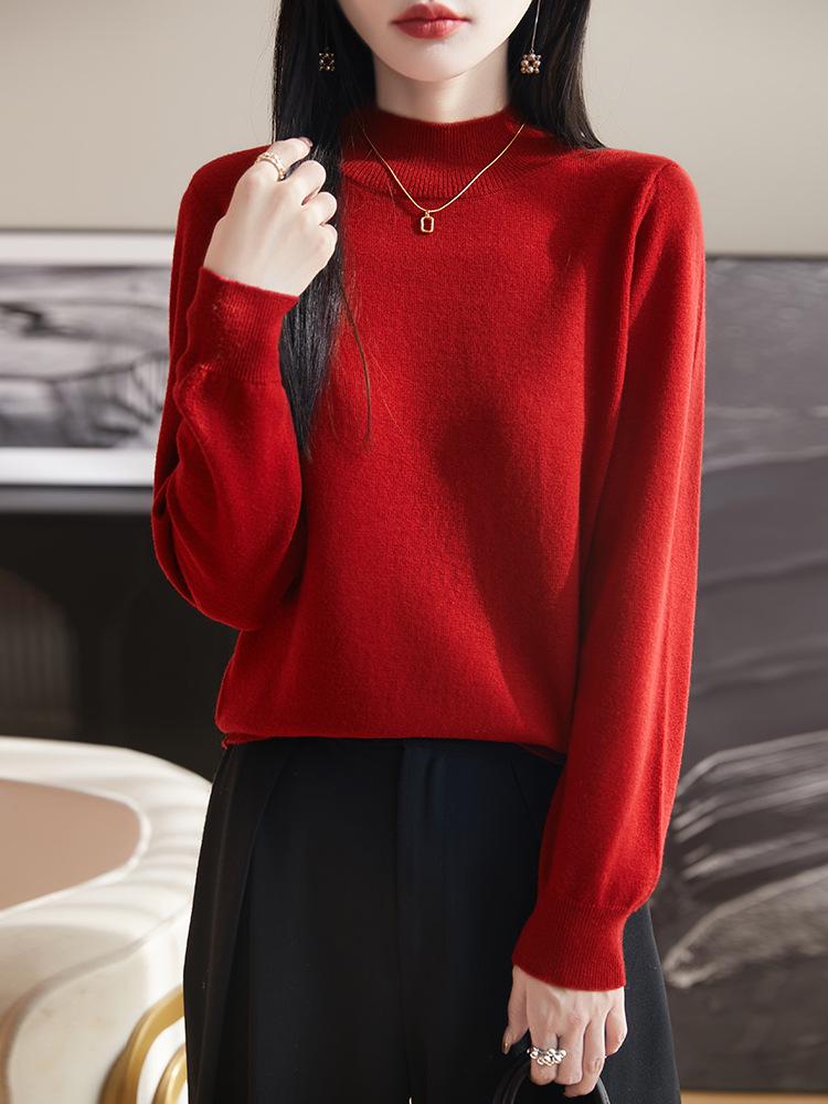 2025 Spring Women's Solid Color Half-High Collar Knit Wool Pullover Sweater