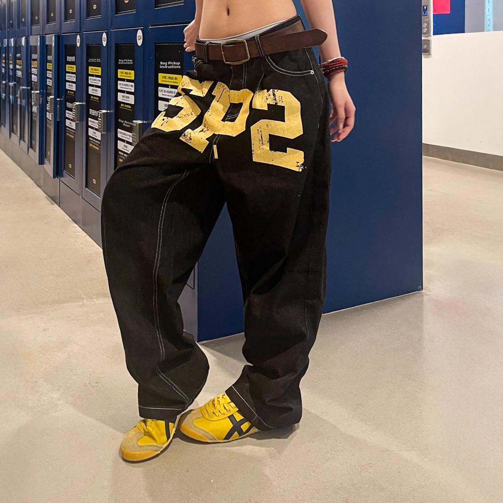 EastRogue Amerikanisch gewaschener Denim Riss-Print Lässige Jeans Locker Herren Damen Locker Schlankmachend Bodenlange Hose Hoher Bund Weiter Bein