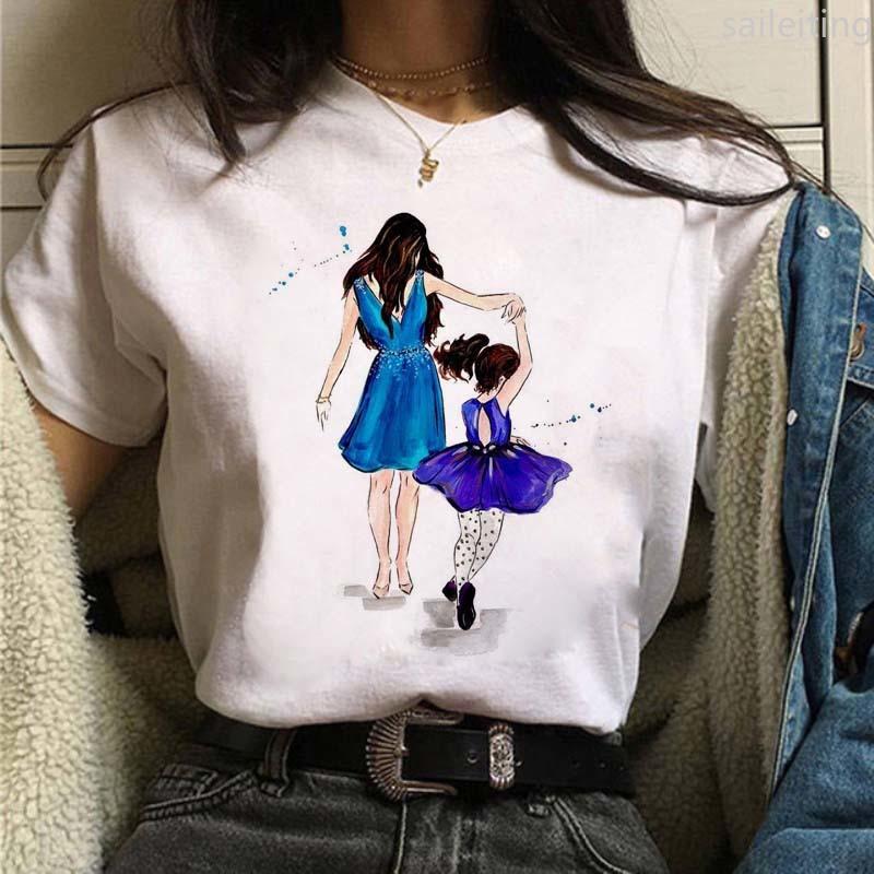 Women T-shirts Cute Mom and Daughter Black Summer Short Sleeve Female Tops Summer Sleeved Harajuku Streetwear Tops Tees