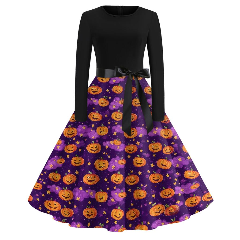 Womens Casual Halloween Print Vintage Style Dress Long Sleeve Round Neck A-Line Skirt Midi Length with Ribbon Waist Tie