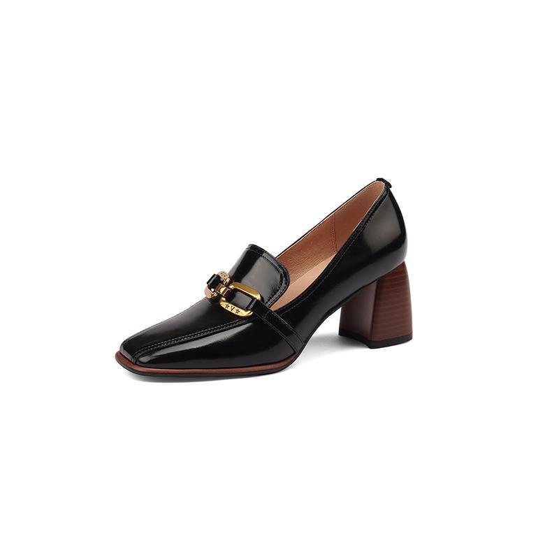 Fashion New Spring Woman Shoes Leather Shoes Women Slip-On Loafers Women Pumps Metal Chain Square Toe High Heels Shoes Zapatos De Mujer