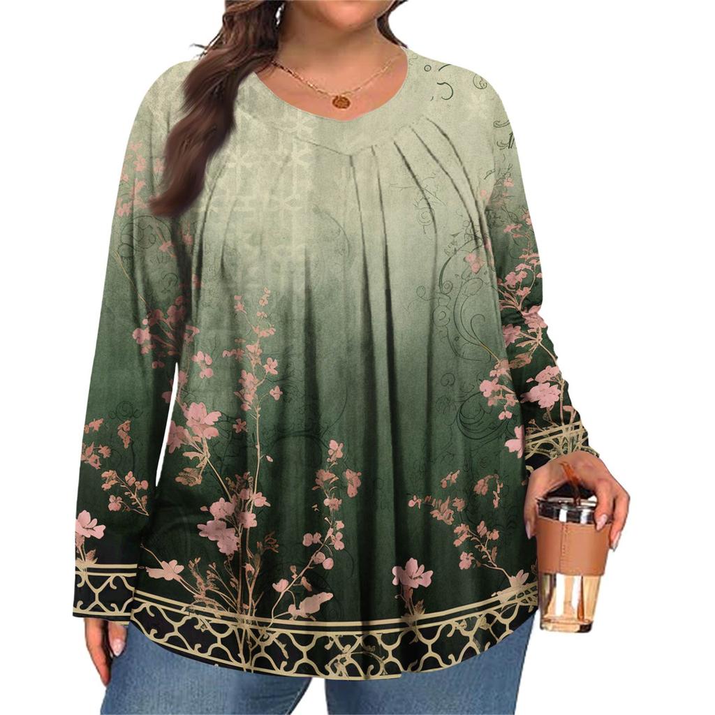 Dámská móda plus size Tištěný ležérní plisovaný top s kulatým výstřihem a dlouhým rukávem