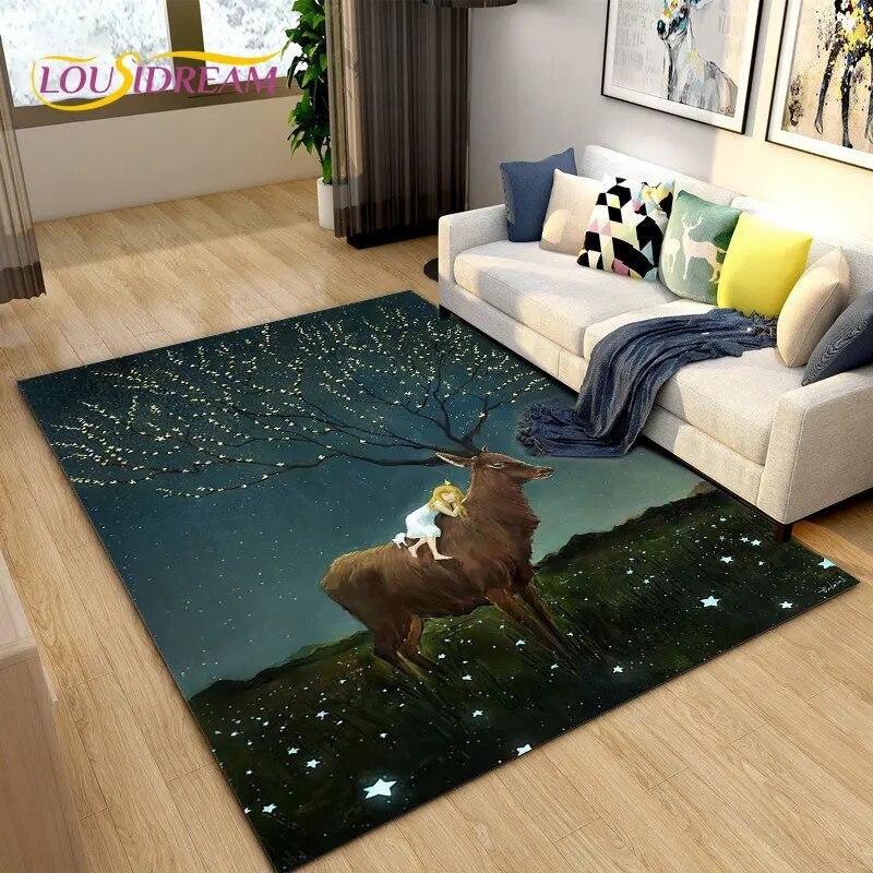 3D Cartoon Nordic Elk Reindeer Area Rug,Carpet Rug for Living Room Bedroom Sofa Doormat Decoration,Child Play Non-slip Floor Mat