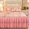 Pink Flowers Lace Bed Skirt Set Summer Ice Silk Smooth Comfortable Bedspread with Pillowcases Luxury Queen King Size Bedding Set