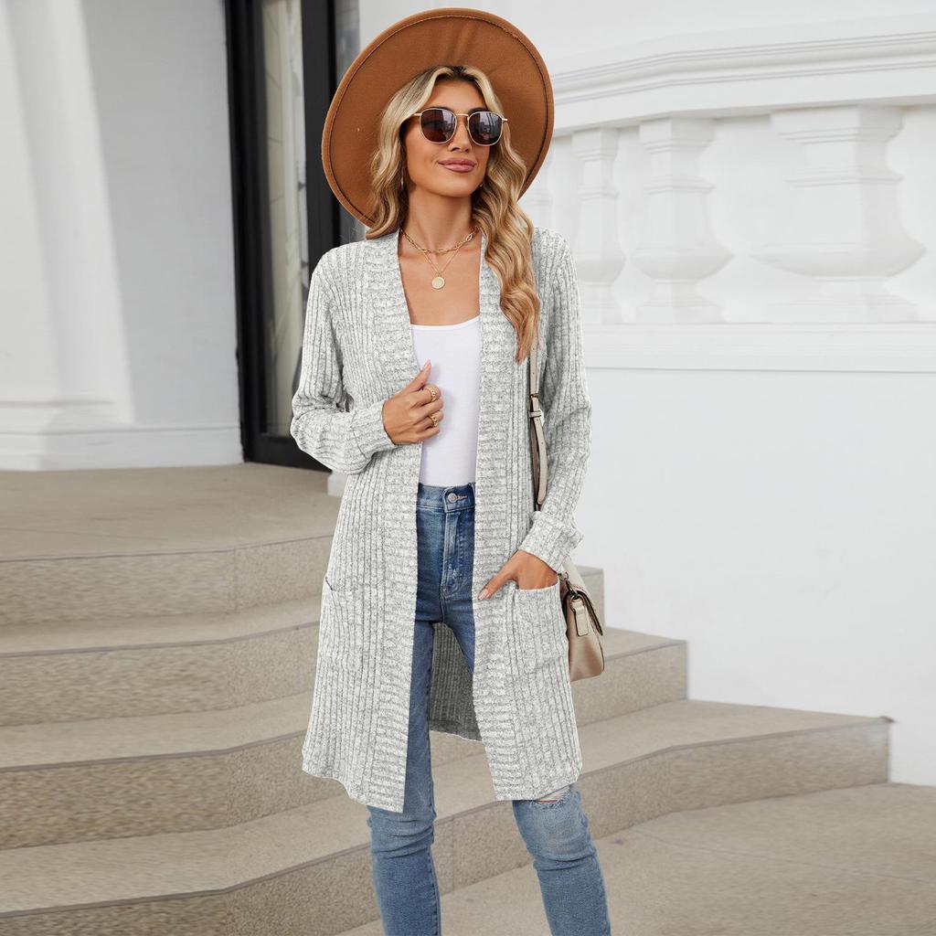 Damen Lang Einfarbig Langärmlig Locker Tasche Strickjacke Jacke