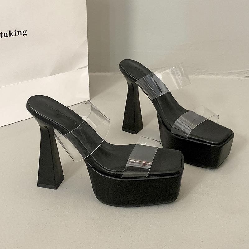 Square Head Transparent Word with Thick Sole Outer Wear Slippers Women's Summer Thick Heel Waterproof Table Small Man Height Increase Super High Heels