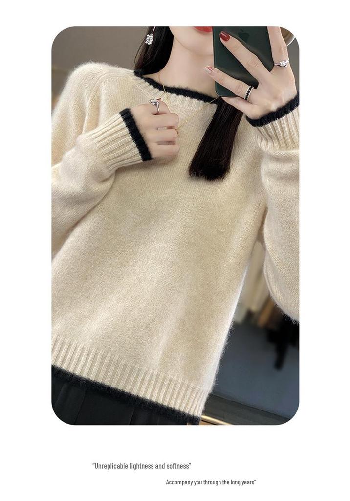 Women's Loose Color Block Cashmere Wool Sweater - Round Neck, Thick, and Stylish for Autumn & Winter