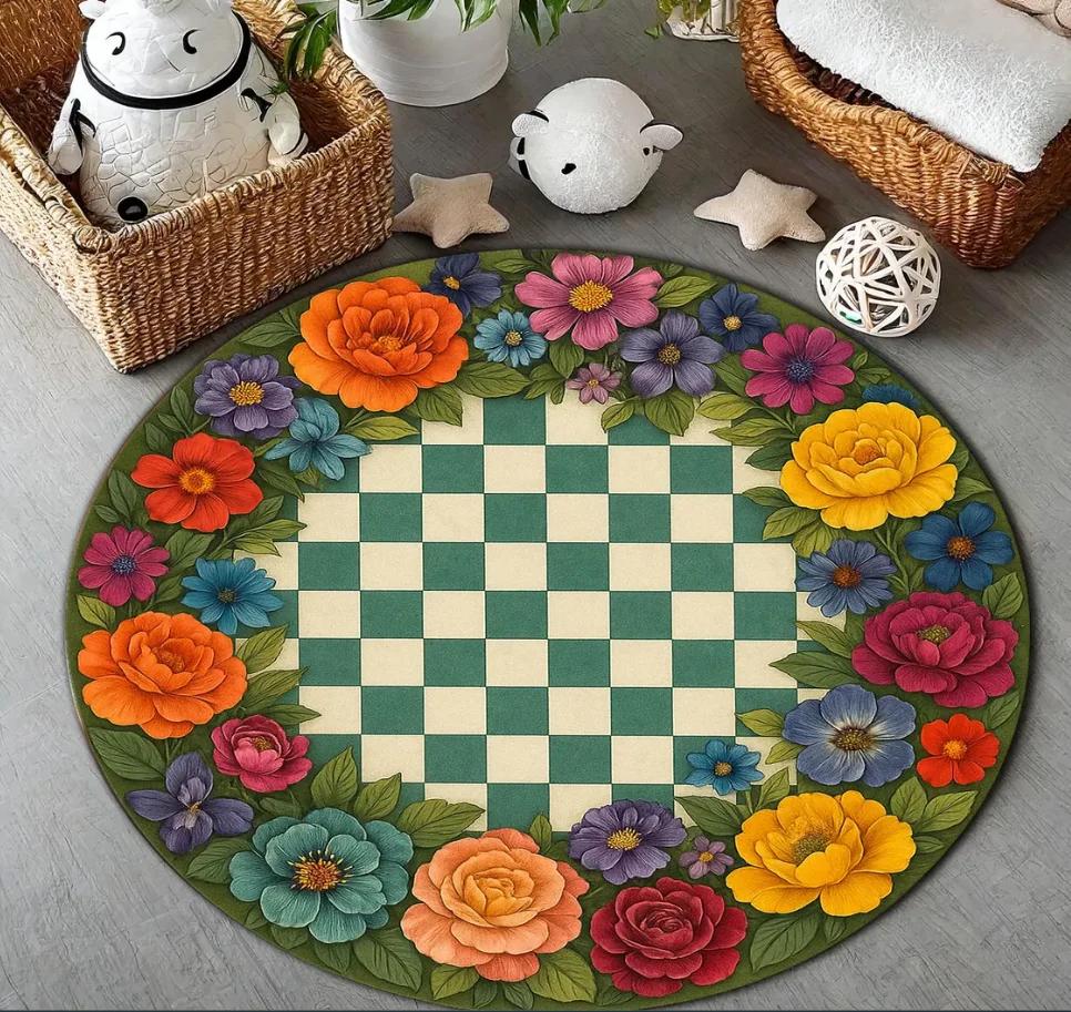 

Retro Grid Round Rug – Checkerboard & Floral Print Anti-Slip Floor Mat for Living Room Bedroom Cloakroom Decor Diameter 60cm