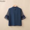 ZANZEA Women Casual Stand Collar Loose Sheer Mesh Splice 3/4 Sleeve Blouse