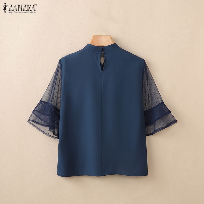 ZANZEA Women Casual Stand Collar Loose Sheer Mesh Splice 3/4 Sleeve Blouse