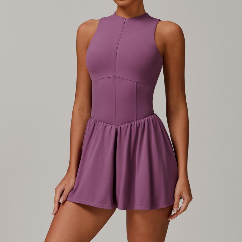 Womens Athletic A-Line Dress With High Neck Built-in Shorts Running Yoga Tennis Sport Suit