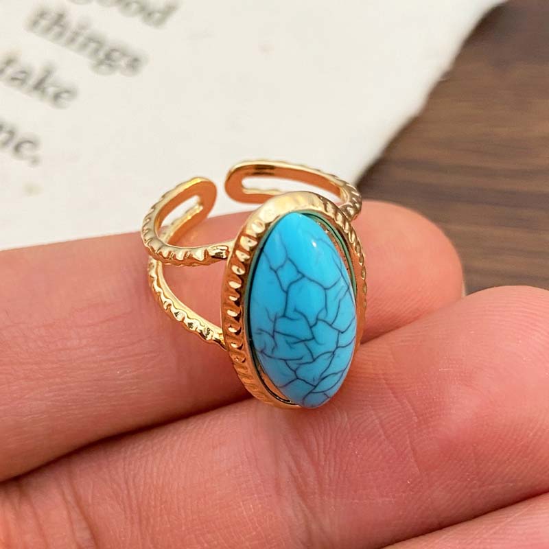 Vintage Metal Brown Stone Open Rings for Women Fashion Gold Color Geometric Oval Double Layered Adjustable Rings Jewelry Gifts
