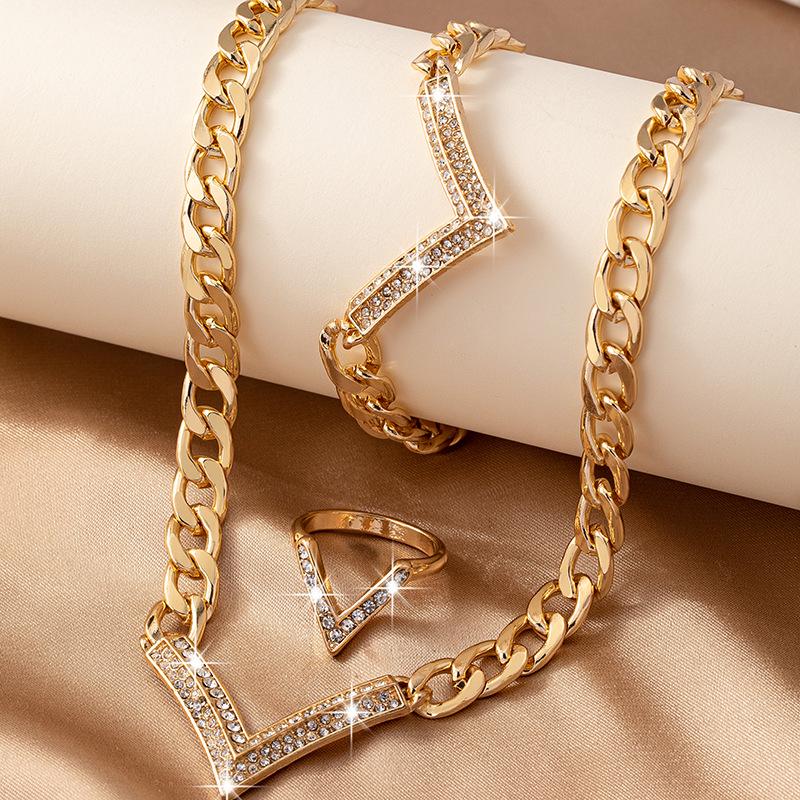 Geometric V-Shaped Necklace, Bracelet & Ring Set with Inlaid Diamonds - European & American Design