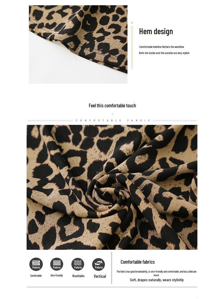 2024 European High-Neck Long-Sleeve Leopard Print Mesh T-Shirt with Hand-Beading - Women's Slim-Fit Trend