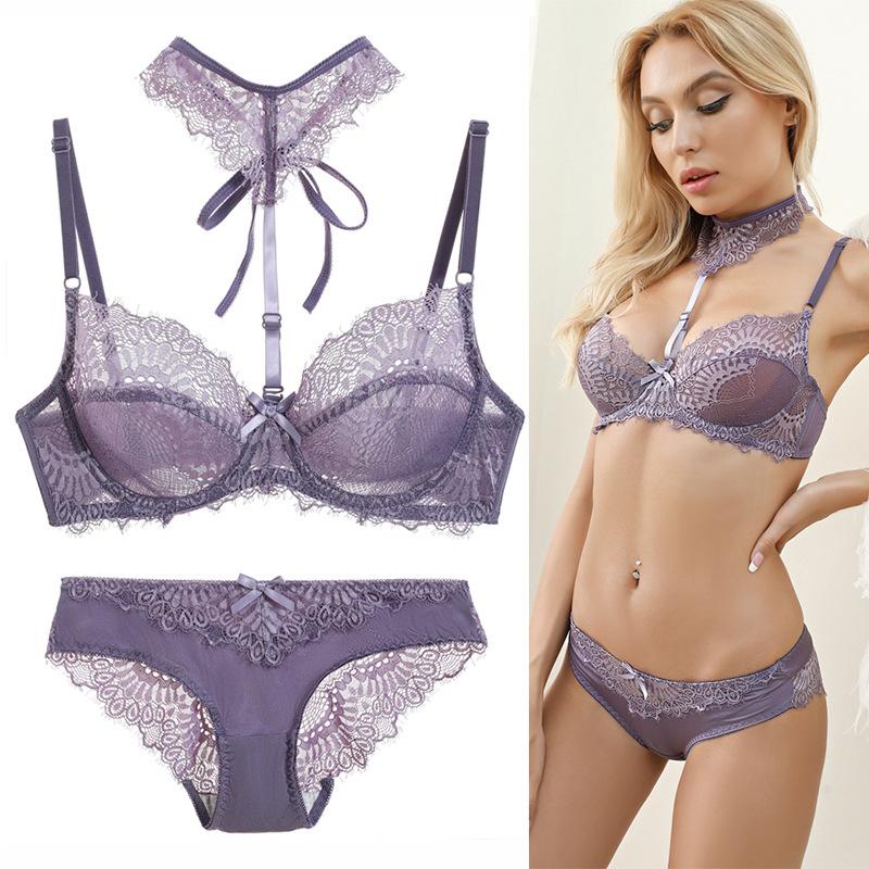 French-style Ultra-thin Lace Sexy Women's Bra and Panty Set Push-up Bra To Make Large Breasts Appear Smaller Skin-friendly and Comfortable Panties