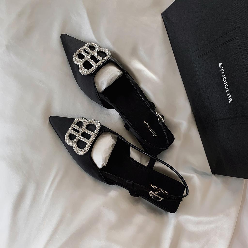 Sheepskin version~ Grape mother pointed head exquisite rhinestone buckle thin French back empty single shoes women's summer bag head sandals