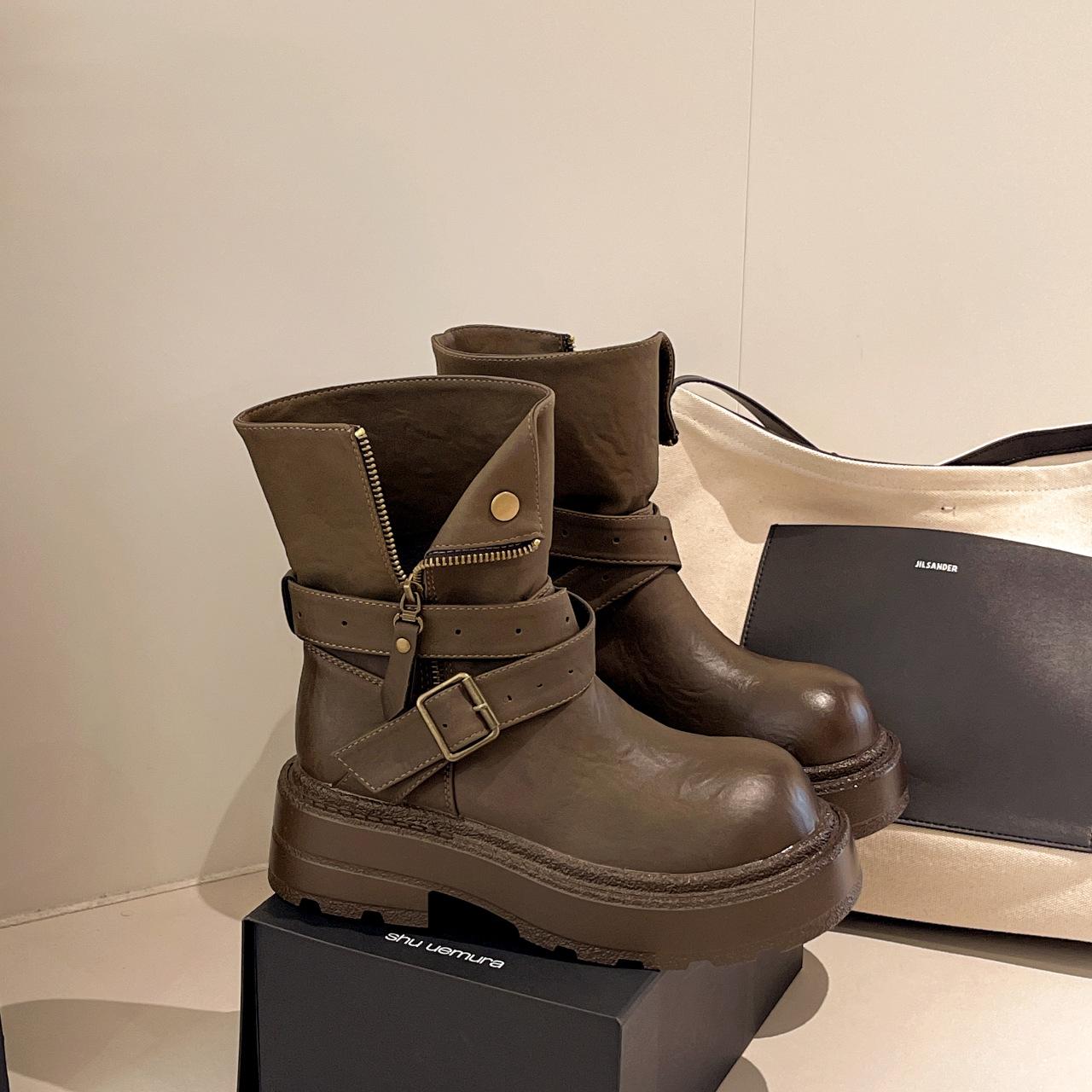 

Vintage British style round head belt buckle Martin boots women s 2025 autumn new soft-soled fashion Chelsea women s short boots 40 коричневий