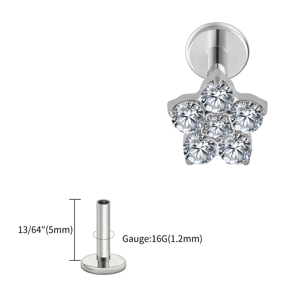 Right Grand ASTM F136 Titanium 5 CZ Flower Lip Labret Monroe Stud 16G Floral Cartilage Helix Earring Flat Back Piercing Jewelry