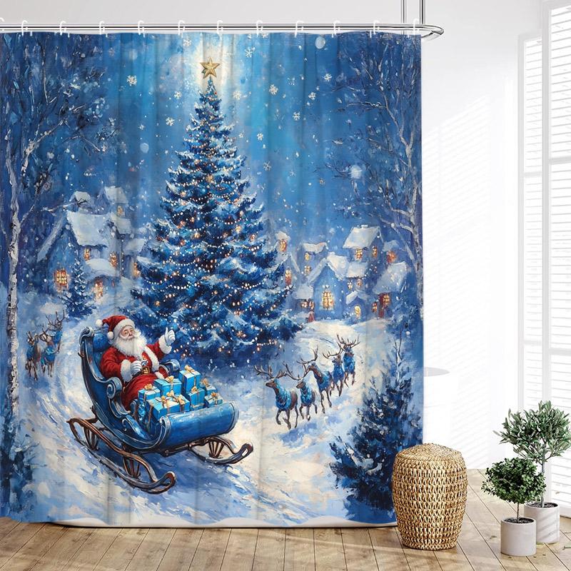 Julduschdraperier Söt Snögubbe Fåglar Ekorre Vinterskog Röda Bär Nyår Jul Badrumsgardindekor Med Krokar