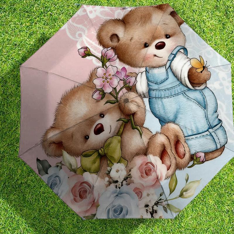 1pc Teddy Bears Flowers Automatic Folding Umbrella, Heavy Duty 8 Rib Iron Frame, Suitable for Travel, Daily Use, Birthday, Decor Gift m0104025