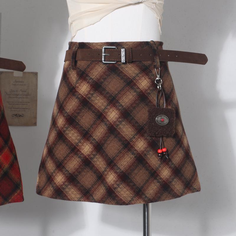 Real Christmas Red Plaid High-Waisted Wool A-Line Skirt with Belt Small кофейный
