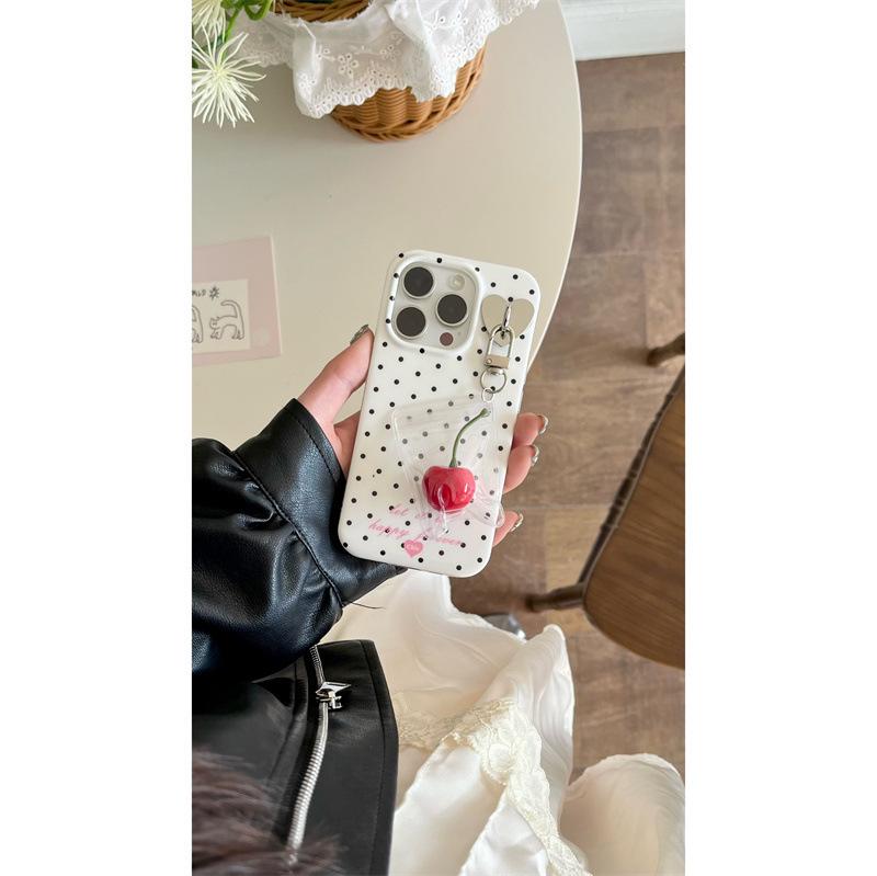 High-End 3D Cherry Pendant Polka Dot Phone Case for iPhone 17, 16 Pro Max, 15, 14