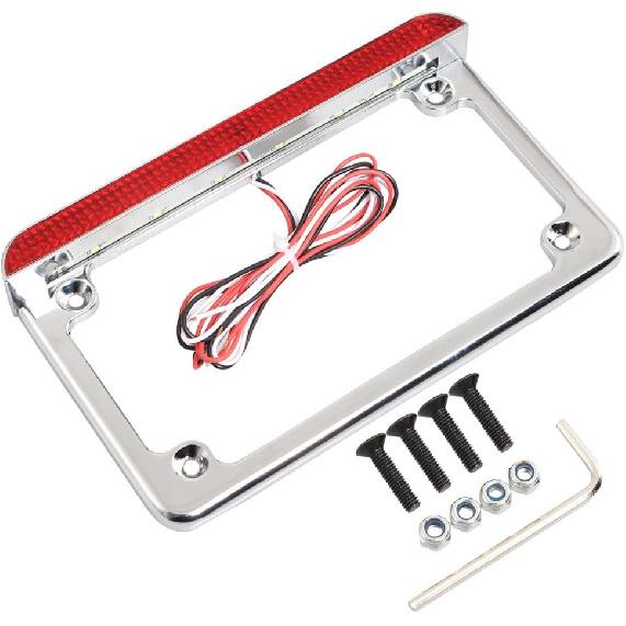 Universal Motorcycle Aluminum License Plate Frame w/LED Light Brake Tail Light, 7"×4"(OD) (Black-Red)