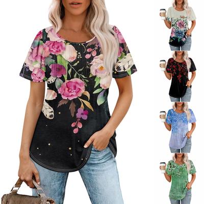 Modisches, lässiges, plissiertes T-Shirt mit Rundhalsausschnitt und Aufdruck für Damen, kurzärmelig