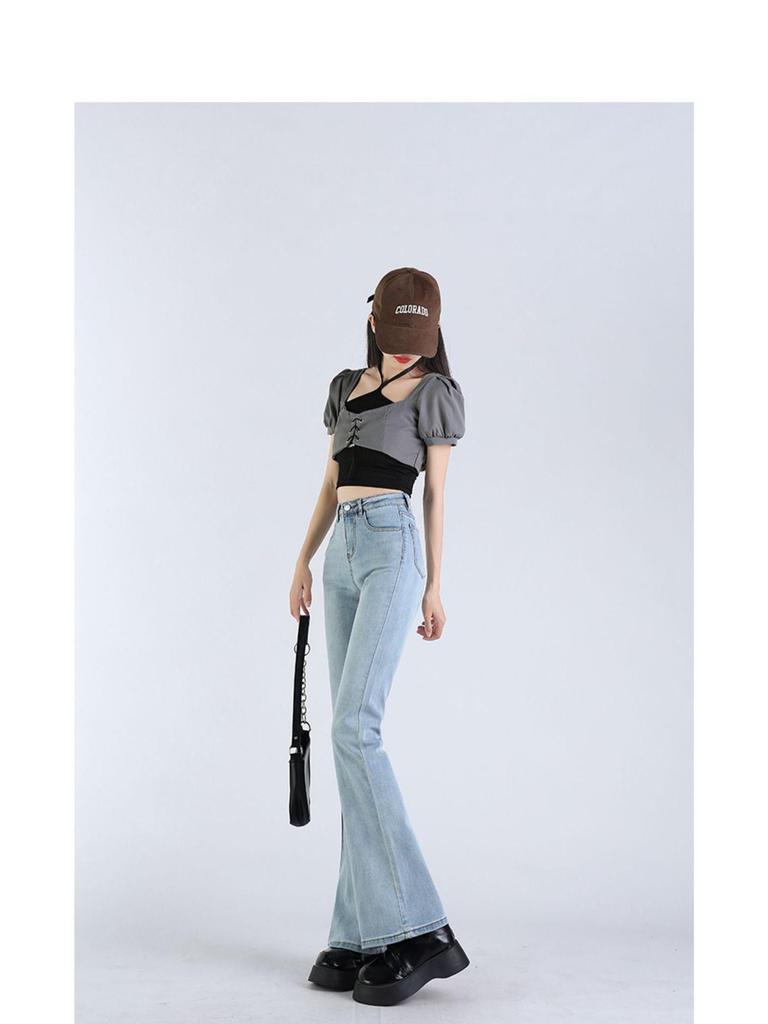 Women's High-Waisted Light Blue Micro-Flared Jeans - 2024 Spring/Autumn Versatile Long Pants.