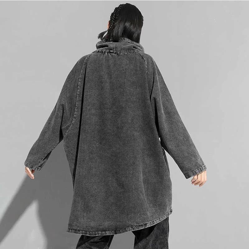 Dimanaf Loose Fit Black Denim Big Size Sweatshirt New High Collar Long Sleeve Women Big Size Fashion Spring Autumn 2024