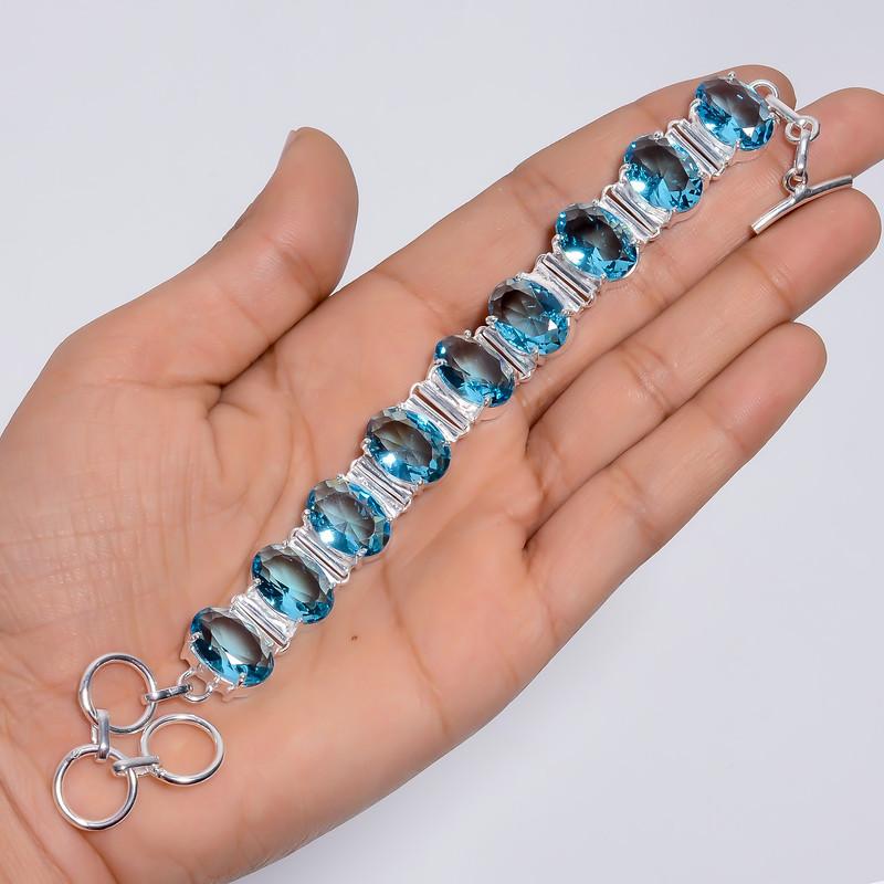 Mind Blowing Top Grade Qualite 100% Natural Sky Blue Topaz Oval Shape Ethnic Style Handmade Jewelry 925 Steling Silver Bracelet 6-8" WSJ5182