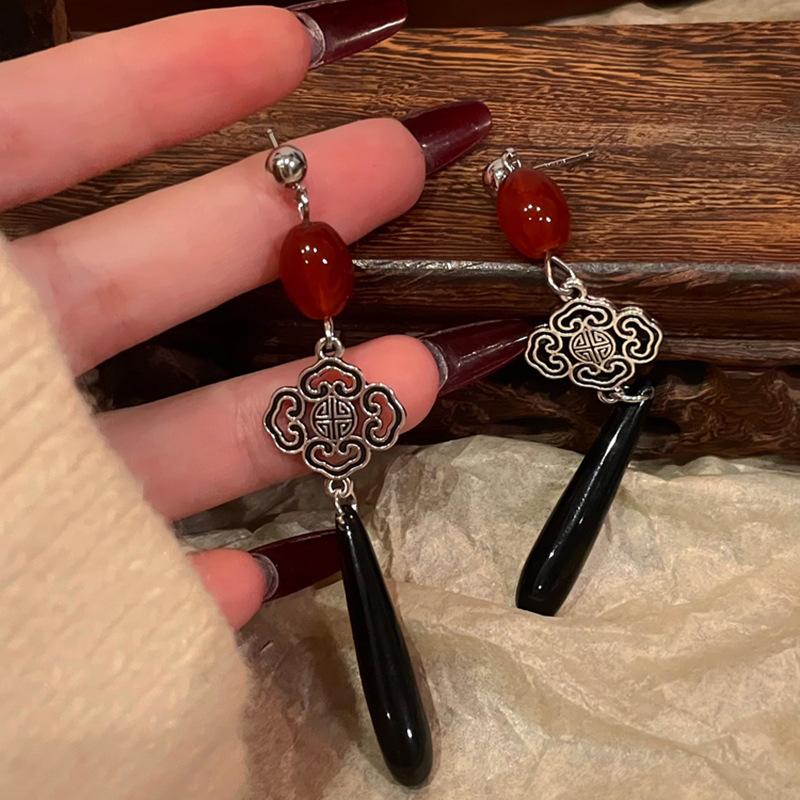 Silver Needle New Chinese Water Drop Chinese Knot Tassel Earrings Retro Guochao Earrings Personality Trend Fashion Earrings