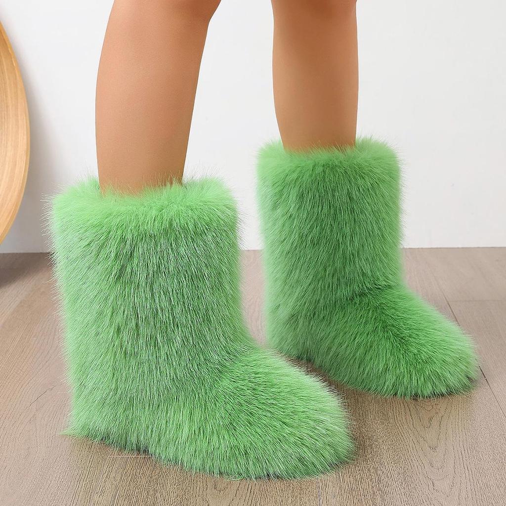 Europeiska Y2K Dam Mid-Calf Pälssnöskor - Varma, Moderiktiga, Plattbottnade Vinterstövlar