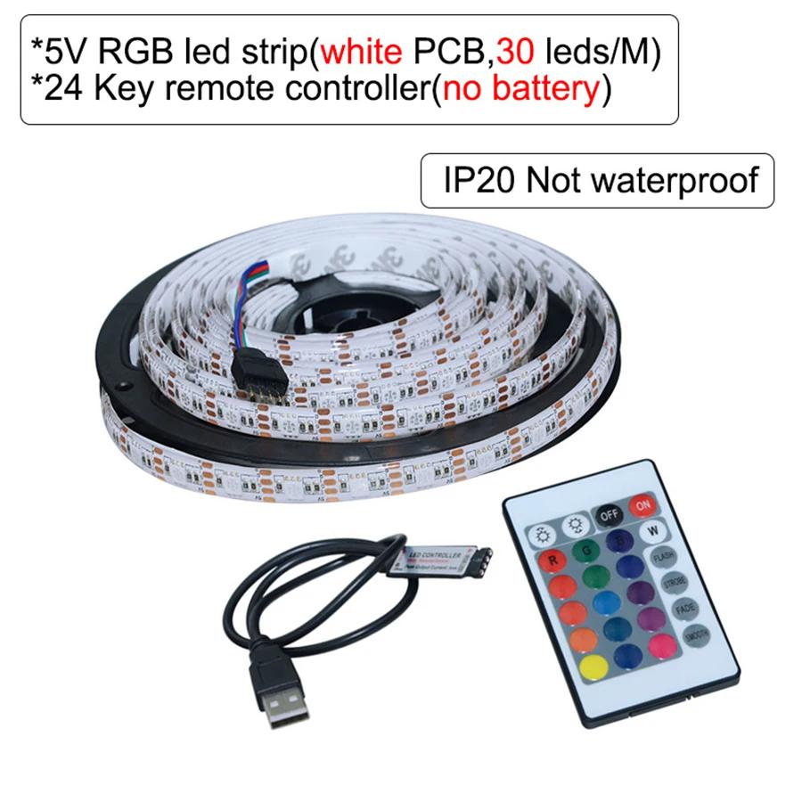 

Светодиодная лента RGB с ИК-пультом на 24 кнопки, гибкая светодиодная лента, лампа, USB 5V 5050SMD 30/60 светодиодов/м 5 м, декор для комнаты, подсветка для ТВ