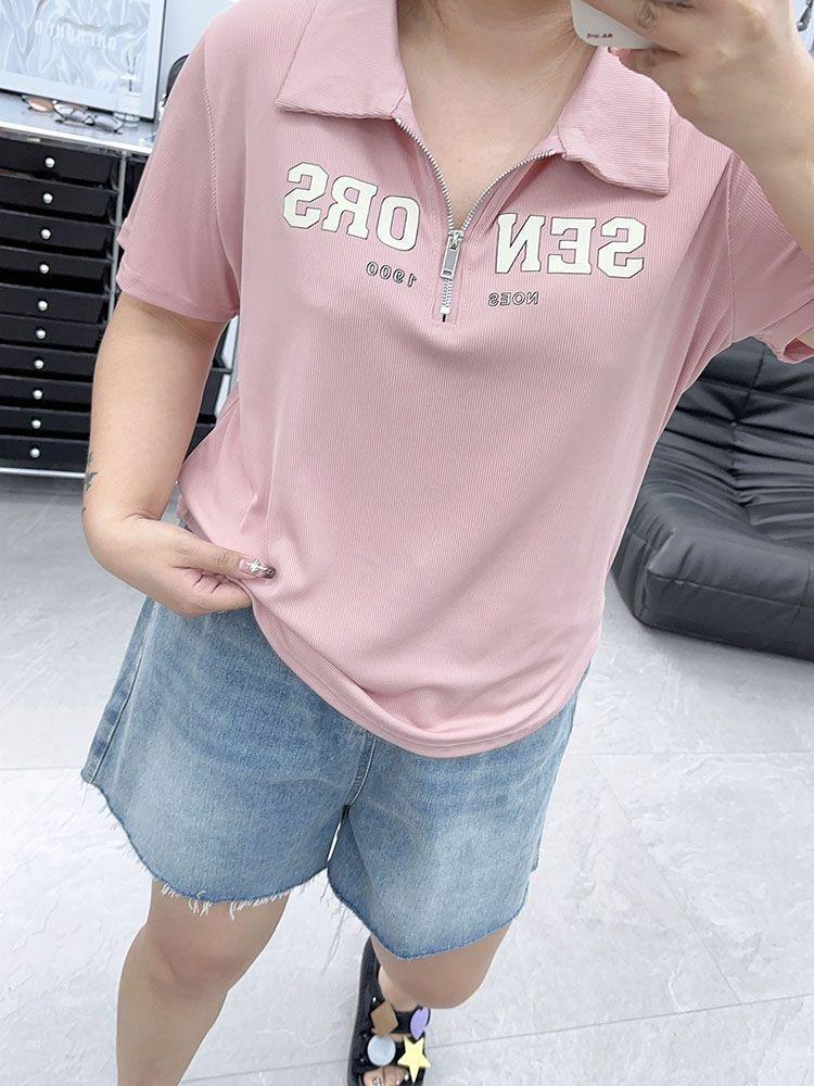 Plus Size Women's Casual Zipper Print Top - Loose Fit Short Sleeve T-shirt for 2025 Summer