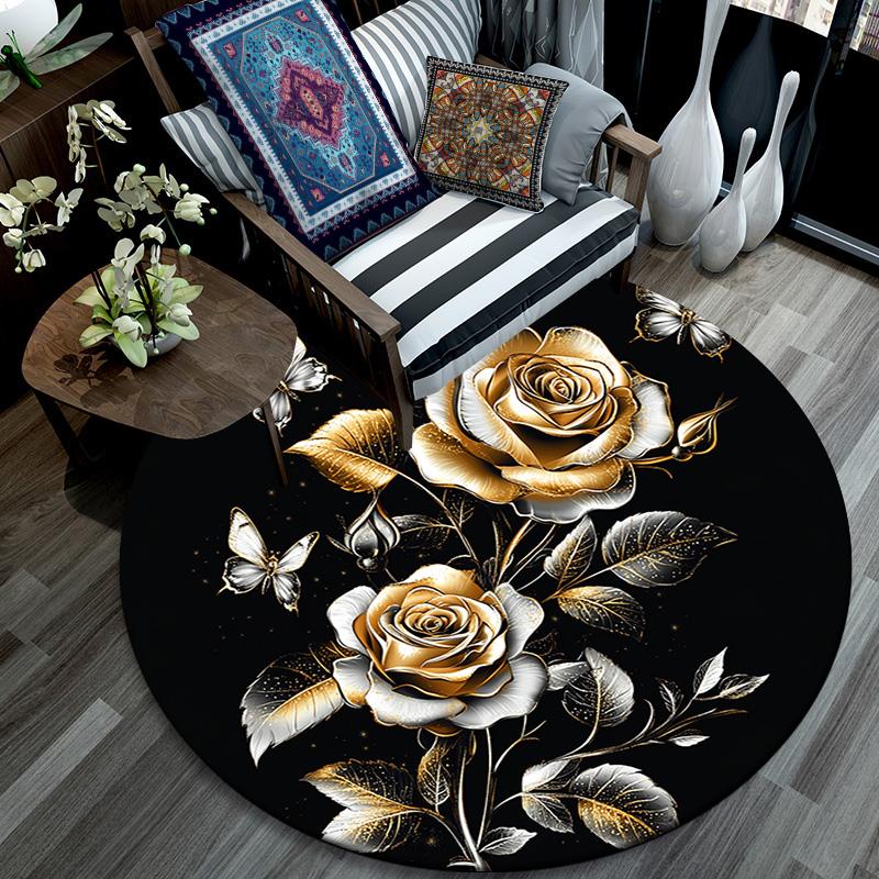 Golden Roses and Butterflies Round Area Rug,Carpet Rug for Living Room Bedroom Sofa Playroom Decor,Non-slip Floor Mat