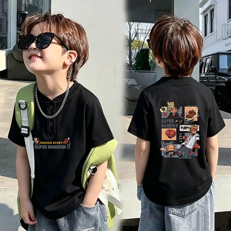 Korean Style Boys' Short-Sleeve Henley Collar T-Shirt, Loose Pure Cotton, Summer New Arrival Trendy Base Layer for Middle and Older Children