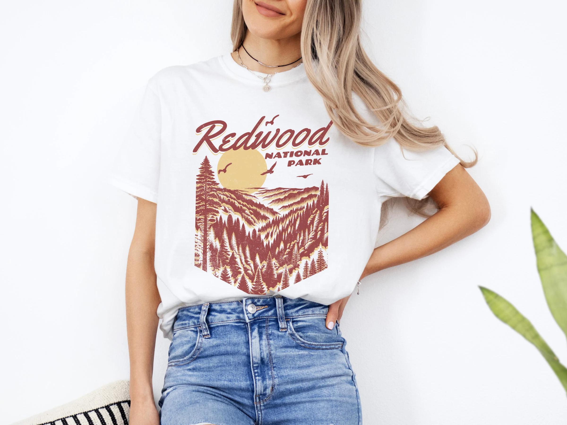 2026 Summer Womens Vintage Redwood National Park TShirt Unisex Cotton and Breathable Short Sleeve Oversized Loose Casual S