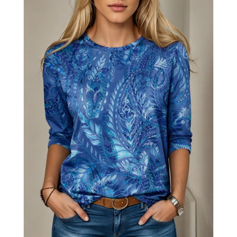 Women's Long Sleeve Crew Neck Teal Paisley Watercolor Print Casual T-Shirt, Regular Tops for Spring Summer Daily Wear