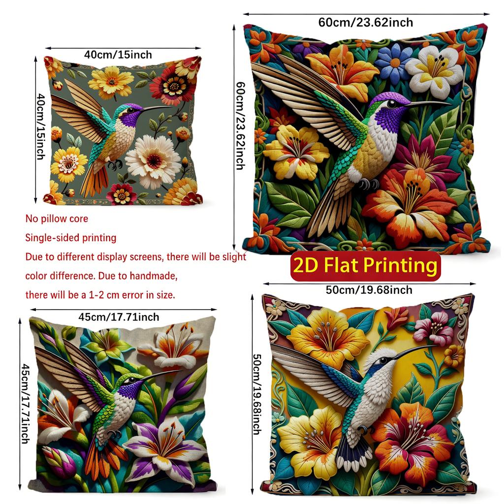 2D Vintage Hummingbird Floral Throw Pillow Covers Pattern Cushion Cover Suitable For Sofa Bedroom Car Pillow Cover
