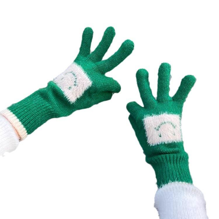 Korean Style Cute Smiling Face Knitted Wool Gloves for Women with Thick Fingers Solid Color Touch Screen Warm and Cold Proof Gloves