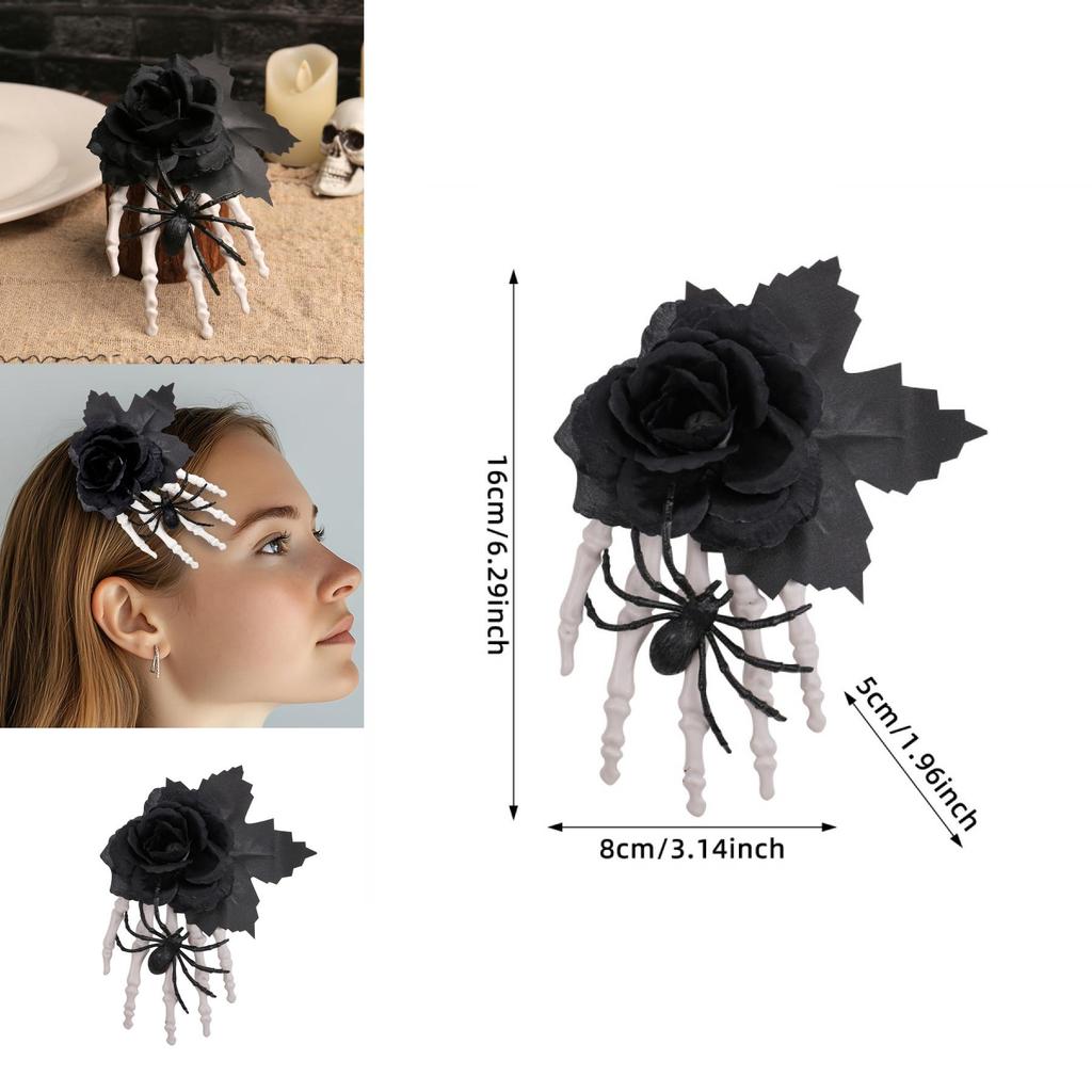Halloween Black Rose Skull Claw Hair Clip With Spooky Spider For Costume Accessories