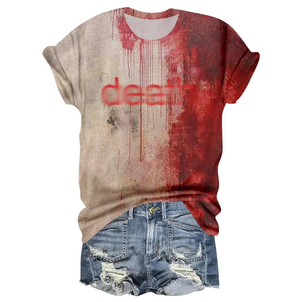 Women's Casual Round Neck Halloween Print Short Sleeve T-Shirt Top