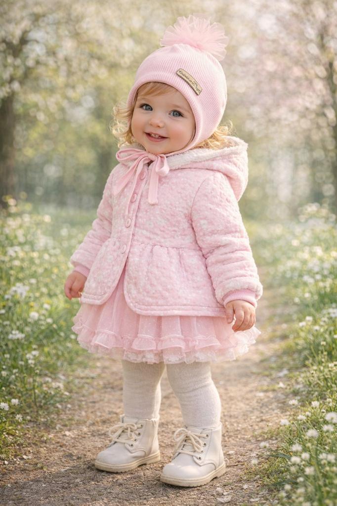 Girls' Hat 42-44 Tied 2 Layers Pompom Spring Autumn Pink