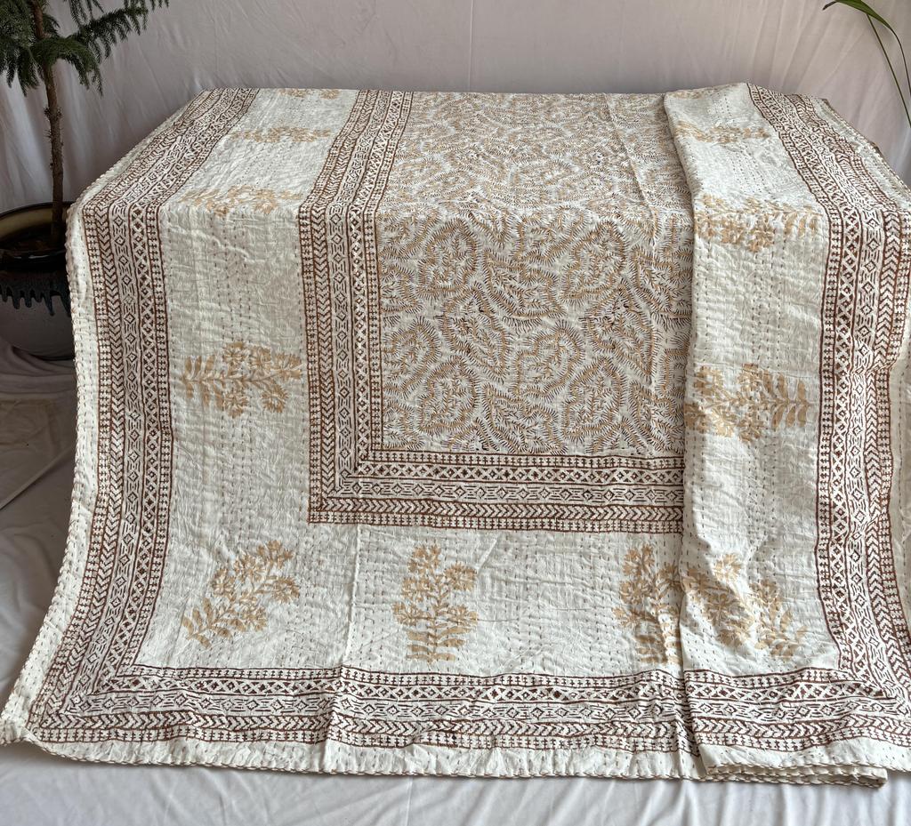 Kantha Stitch Pure Cotton Reversible Bed/Sofa Throw King Size | Handmade Hand Printed Floral Dohar | Gudari Kantha Bedspread blanket
