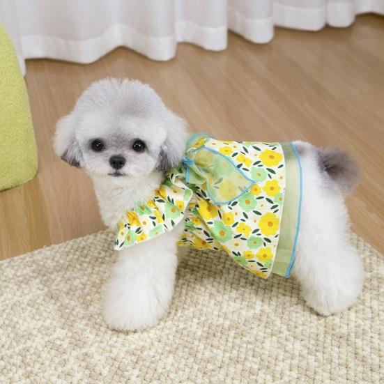 Spring Summer Pet Dress Ruffle Flying Sleeves Tulle Bow Floral Print Small