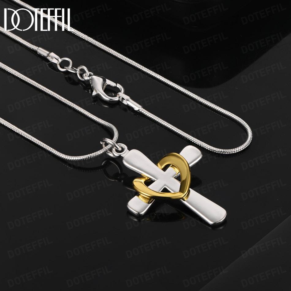 925 Sterling Silver Fashion Jewelry 18-inch Heart-Shaped Cross Pendant Necklace