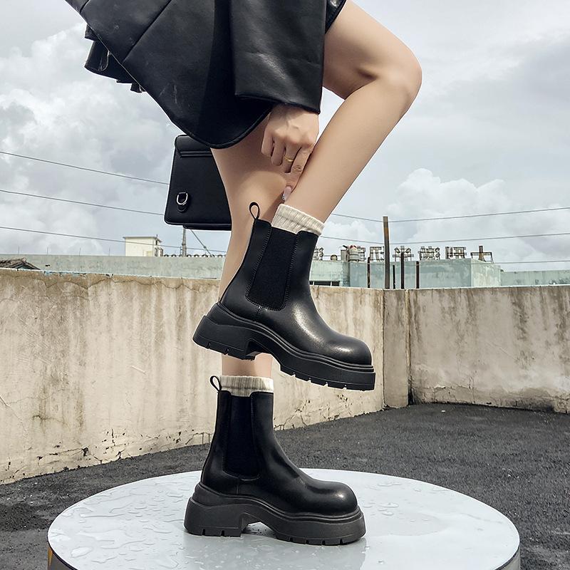 Stylish round head retro casual short Chelsea boots autumn and winter new imitation leather thick heel thick-soled cigarette boots